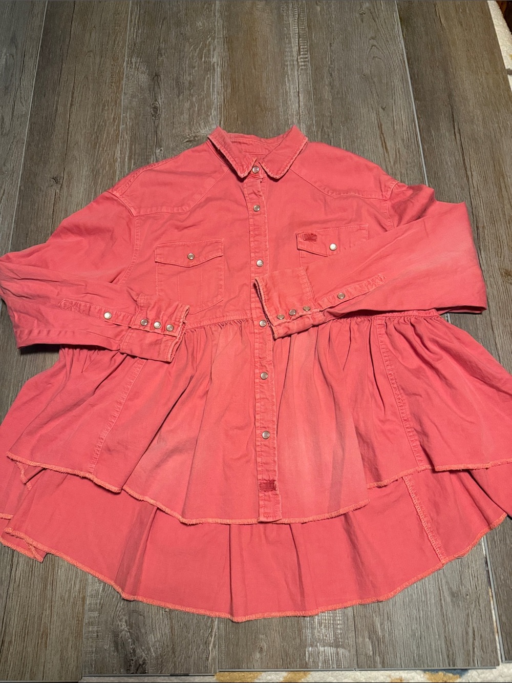 Free People Pink Dylan Babydoll Denim Button Down Long Sleeve Shirt